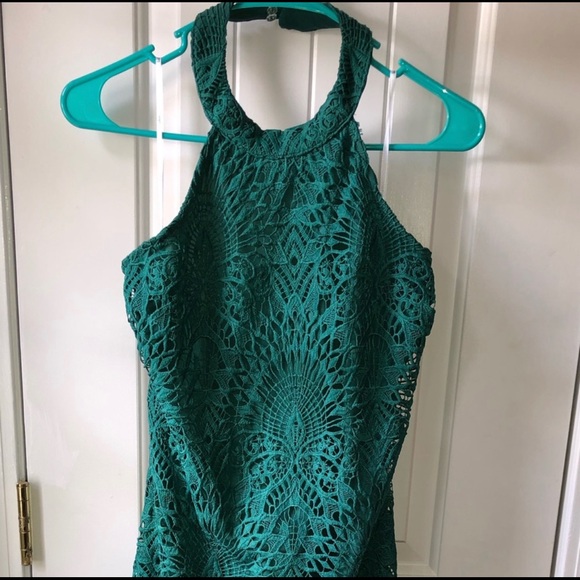 Lulus Lucky in Lace Emerald/Forest Green Lace Halter Midi Dress - Picture 6 of 13